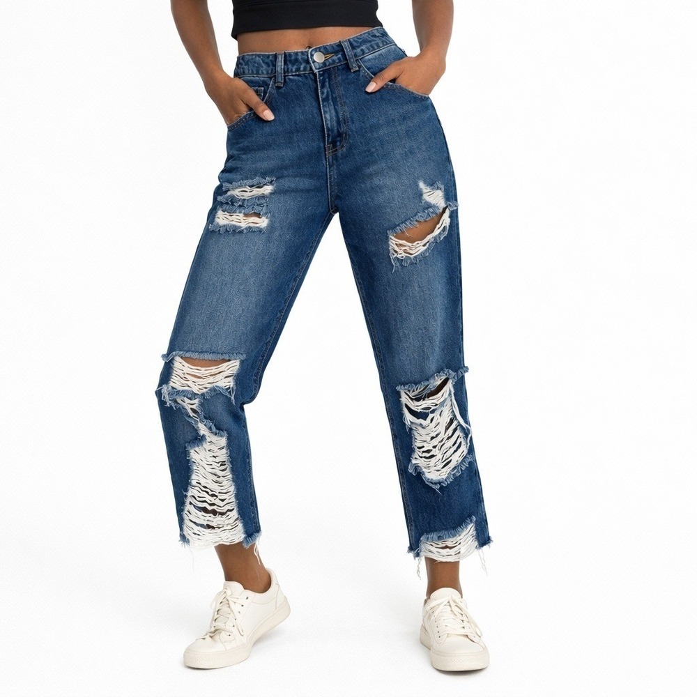 Cello Distressed Shredded High Rise Mom Jeans Medium Wash Edgy Size 9